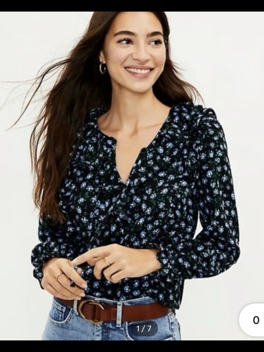 LOFT Black Floral V-Neck Puff-Sleeve Blouse Size M